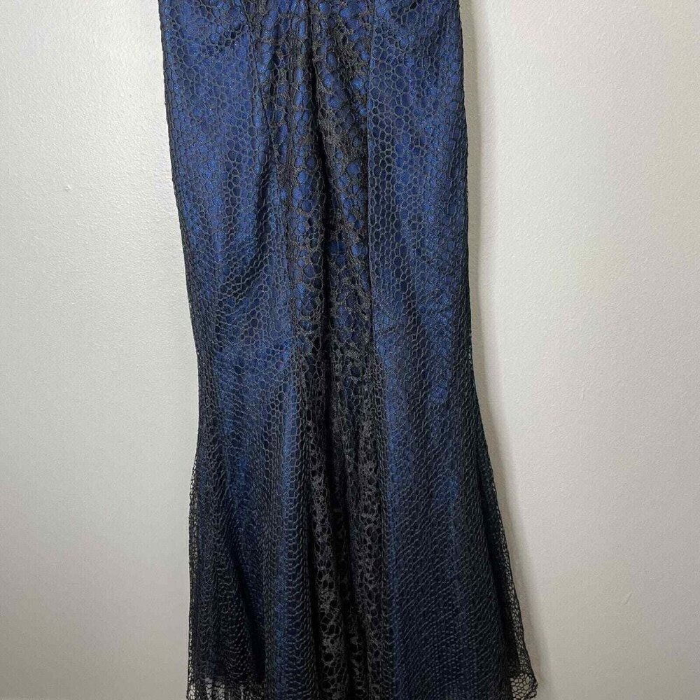 Monique Lhuillier Crochet Lace Dress Womens 6 Blue Black Shimmer Mermaid - Picture 8 of 13